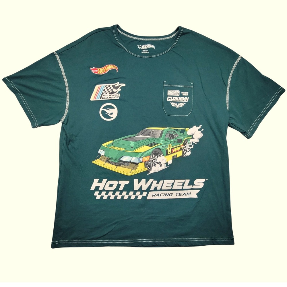 Hot Wheels Racing Team Teal Graphic Pocket T-Shirt Mens XL Contrast Stitch